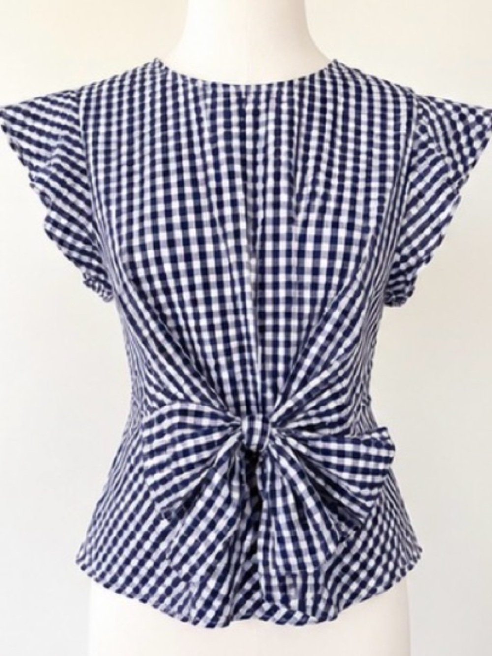 Lucy Paris Navy and White Gingham Tie-Front Flutter Sleeve Blouse